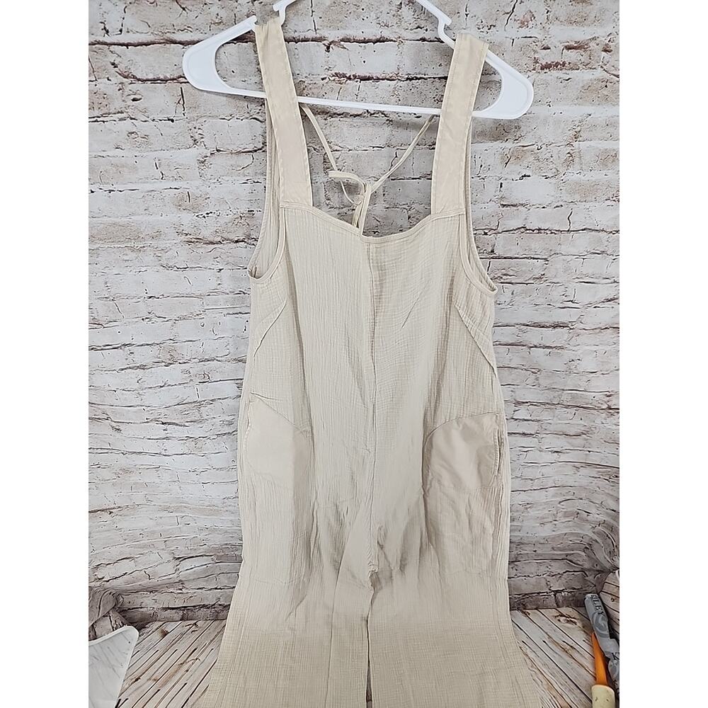 Zenana Overalls Size Large NEW Beige 100% Cotton Wide Leg Pants Pockets